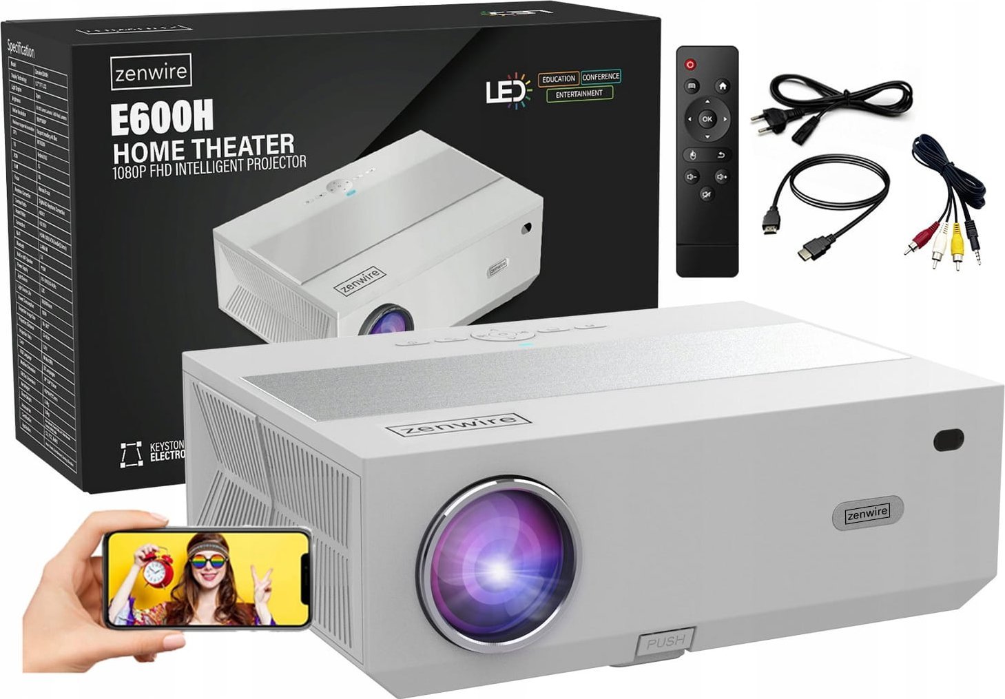 Projektor Zenwire E600H, Full HD, Android 9.0 SMART TV, i bardhë