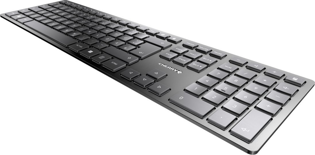 Tastierë CHERRY KW 9100 Slim, pa tela RF Bluetooth, QWERTZ gjerman, e zezë argjendtë