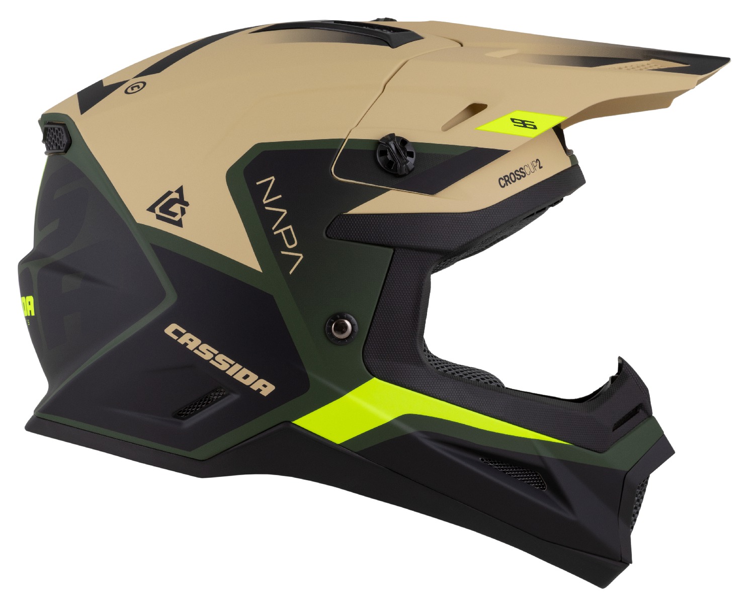 Helmetë kros CASSIDA Cross Cup 2 Napa, polikarbonat, ECE 22.06, rërë jeshile e verdhë fluo e zezë mat