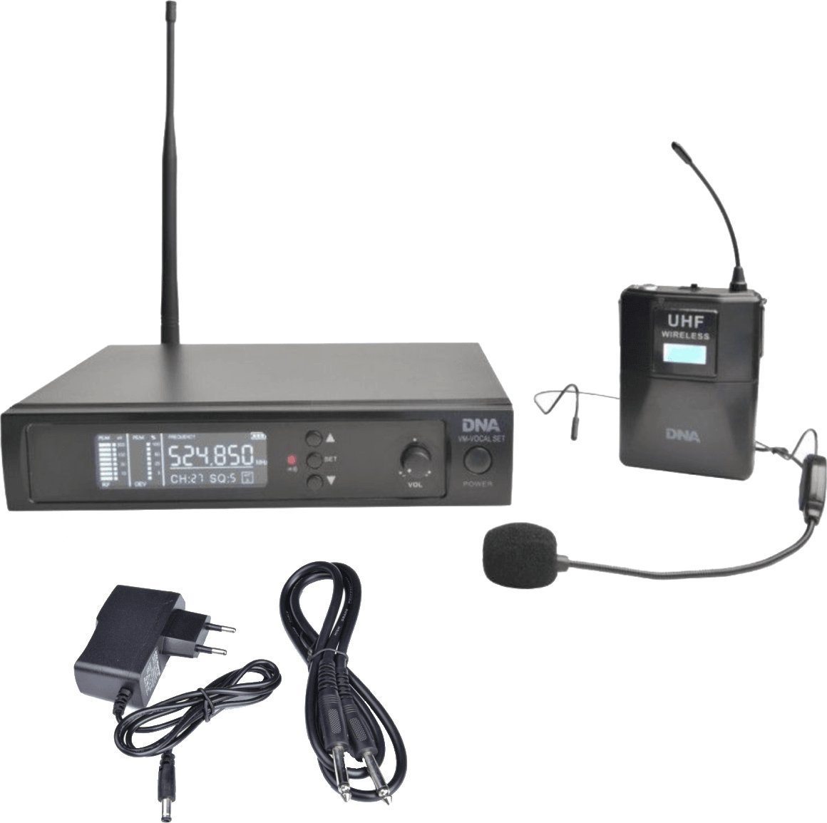 Set mikrofon pa tela DNA VM Head Set, UHF 518–542 MHz, marrës XLR, i zi