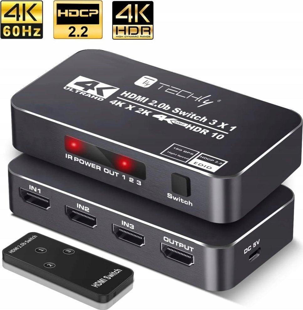 Ndërprerës HDMI 4K 60Hz HDR, 3 porta, me telekomandë, i zi