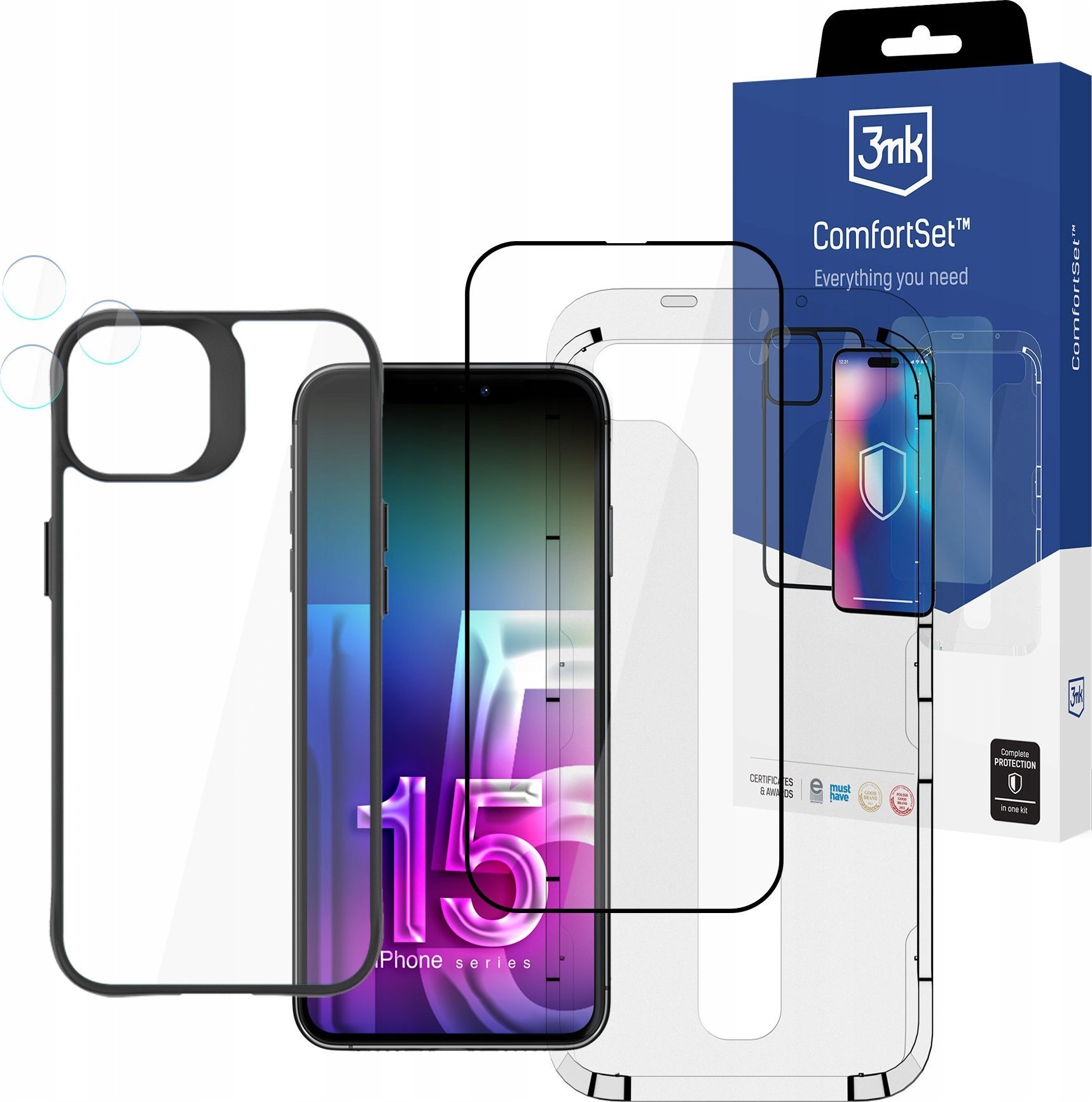 Set mbrojtës 3mk Comfort Set 4 in 1 për Apple iPhone 15 Pro, xham mbrojtës, mbulesë Satin Armor Case+, transparent