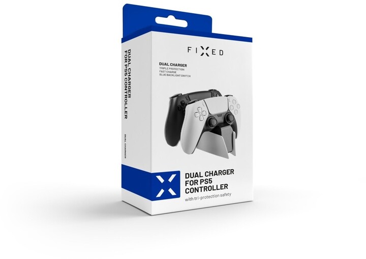 Stacion karikimi FIXED për dy kontrollues DualSense PlayStation 5 wireless, i zi / bardhë