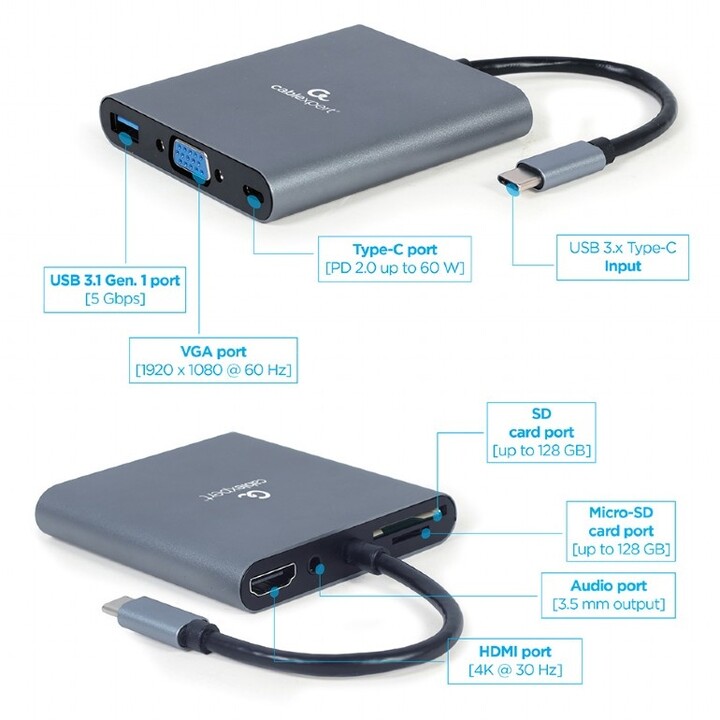 [OUTLET] Përshtatës 6në1 Gembird CABLEXPERT USB 3.1 Gen1, HDMI 4K@30Hz, VGA, USB-C PD, jack, SD