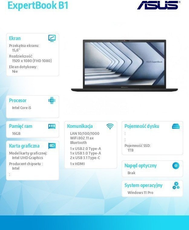 Laptop Asus ExpertBook B1 B1502CVA, 15.6" FHD, i5 13th Gen, 16GB RAM, 1TB SSD, Windows 11 Pro, blu i errët