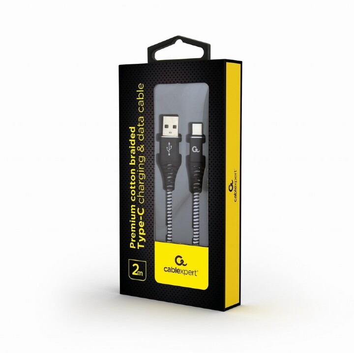 Kabllo Gembird CABLEXPERT, USB-A në USB-C, M / M, PREMIUM QUALITY, e thurur, 2m, e zezë / bardhë