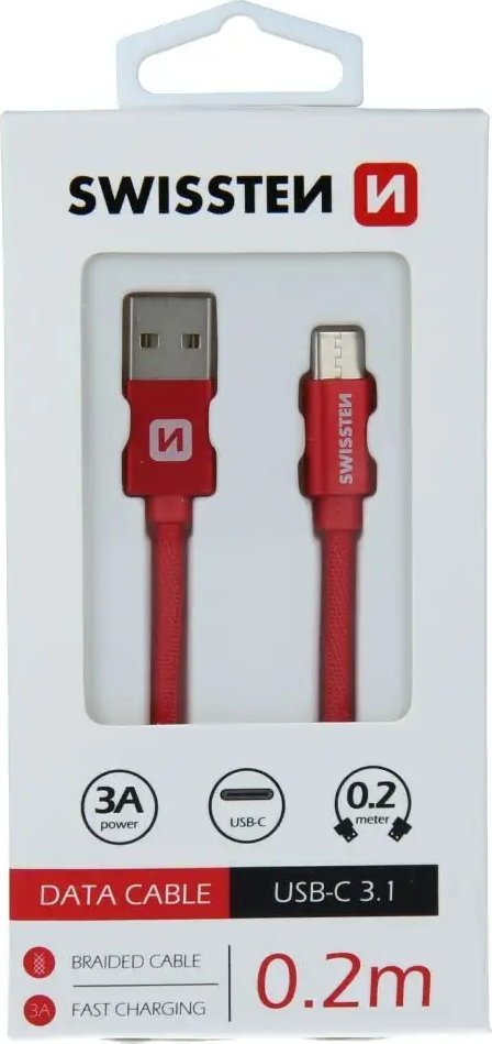 Kabllo USB në USB C Swissten Textile, 0.2m, 3A, e zezë