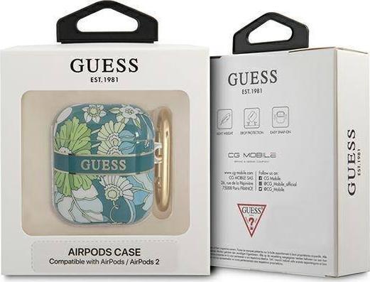 Mbulesë mbrojtëse Guess Flower Strap për AirPods, poliuretan, me rrip dekorativ, jeshile