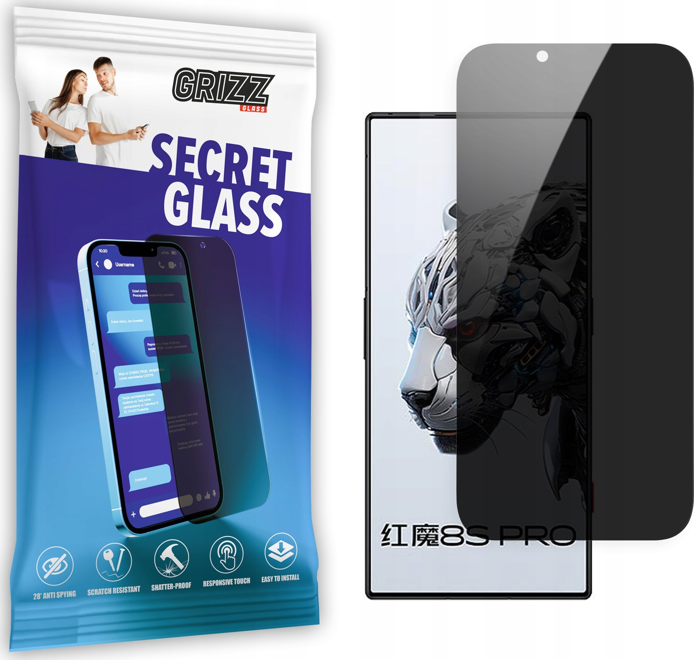 Xham mbrojtës privatësie Grizz SecretGlass për Nubia Red Magic 8S Pro, 9H, i kthjellët