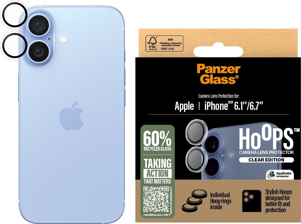 Mbrojtës kamere PanzerGlass Hoops, për iPhone 16 16 Plus, transparent