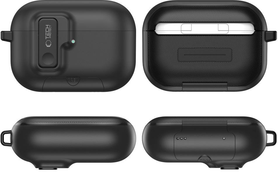 Kuti mbrojtëse Tech-Protect Slim Hook për Apple AirPods Pro 3, polikarbonat, me karabinë, e zezë