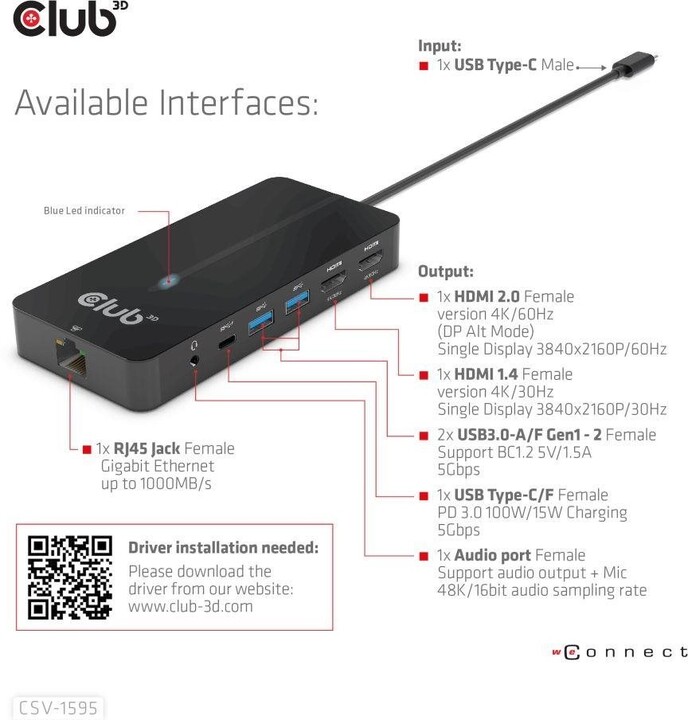 Club3D HUB USB-C 7v1, 2x HDMI, 2x USB-A Gen1, RJ45, 3.5mm jack, SD, PD 100W