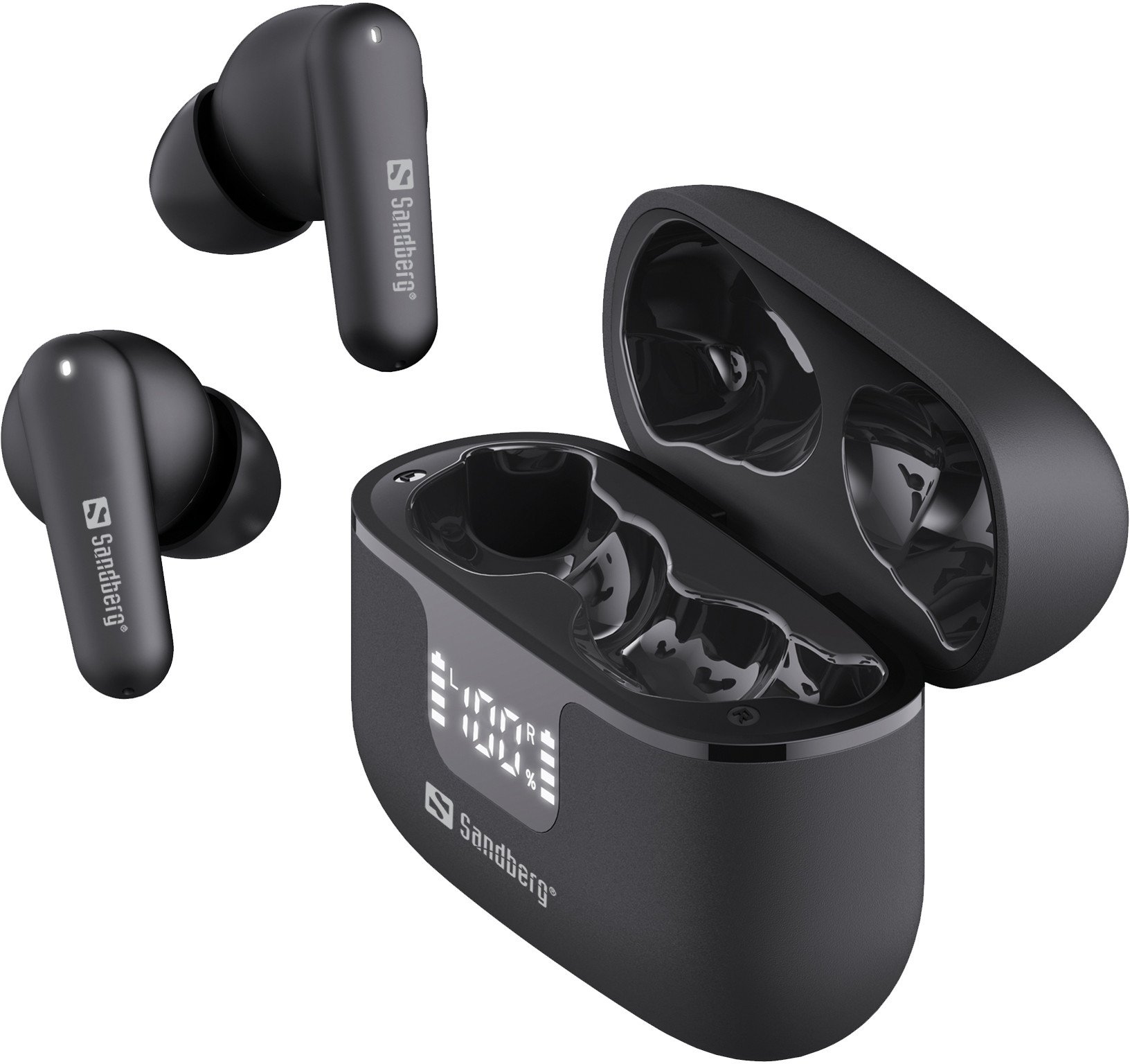 Kufje wireless Sandberg Wireless Earbuds ANC ENC, Bluetooth, me kasë karikimi me ekran, të zeza