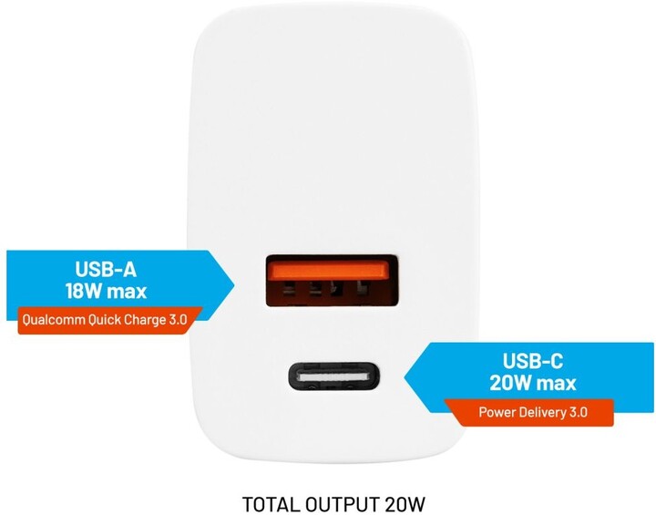 Karikues FIXED,USB-A, USB-C, PD & QC, 20W, i bardhë