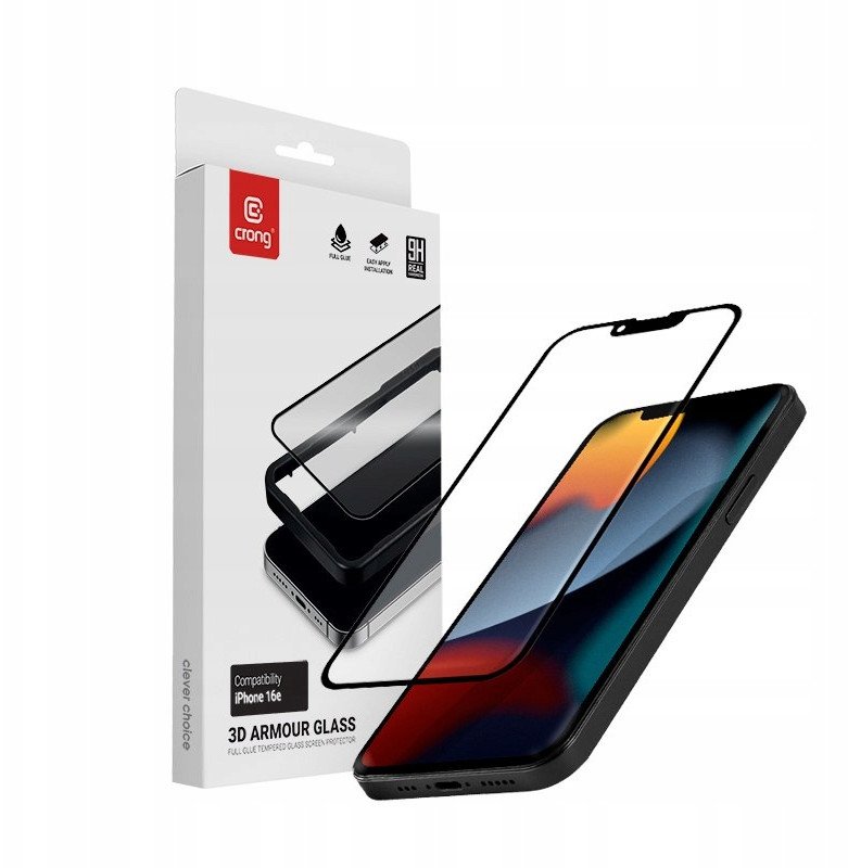Xham mbrojtës Crong 3D Armour Glass, për iPhone 16e 14 13, kornizë instalimi, i zi