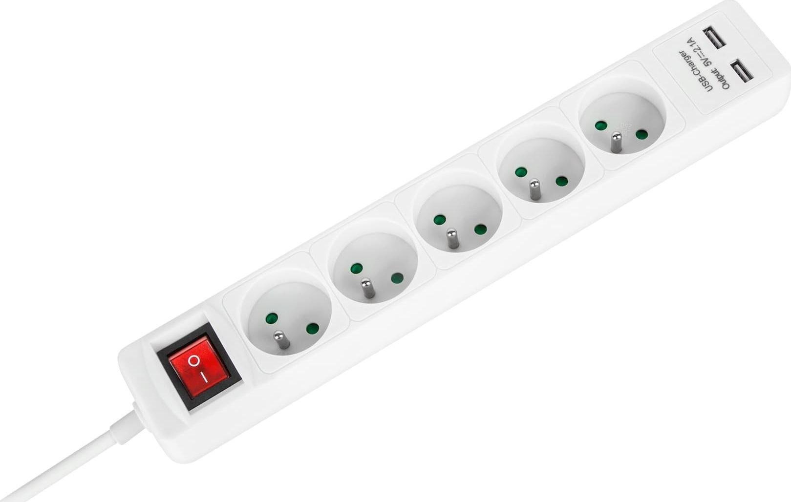 Prizë zgjatuese Rebel Electro URZ3203-3, 5 dalje, 2x USB 2.1A, 3 m, e bardhë