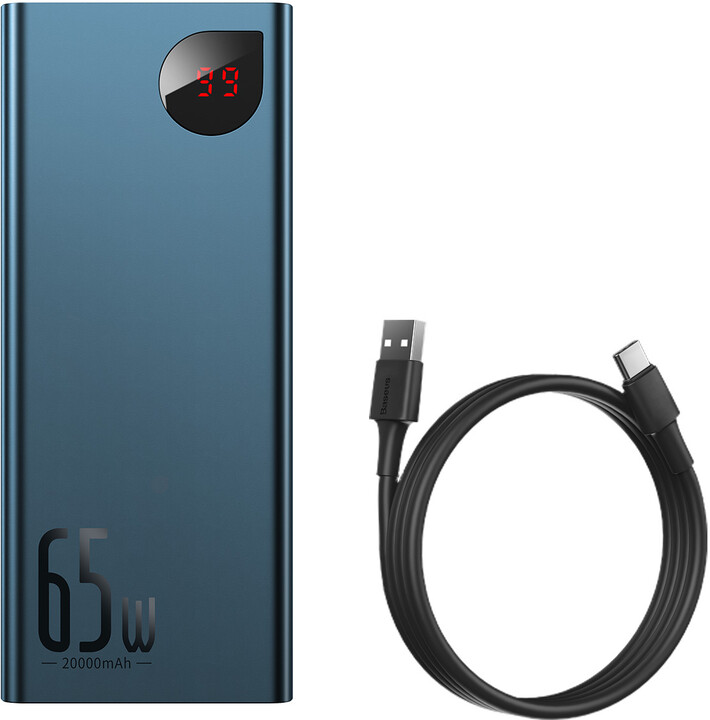 Powerbank me ekran dixhital Baseus Adaman Metal QC + PD, 20000mAh, 65W, i kaltër + kabllo USB-A/USB-C, 30cm, e zezë