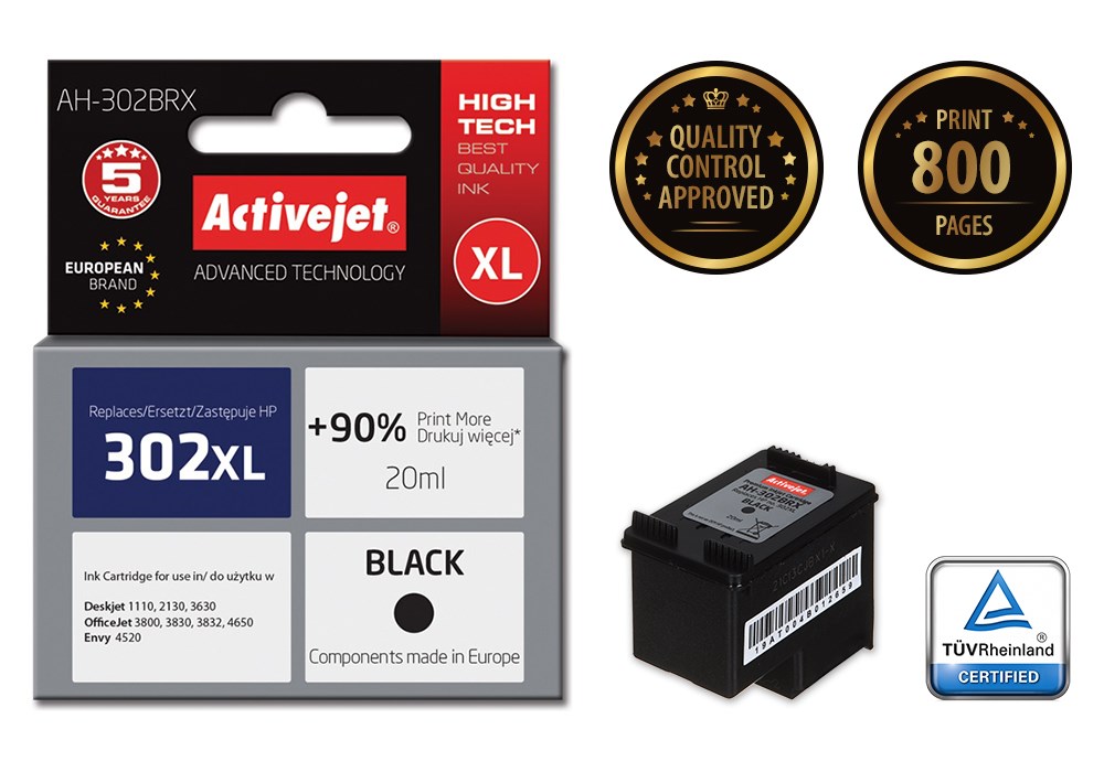 Ngjyrë për printer Activejet AH-302BRX (zëvendësim për HP 302XL F6U68AE), 20 ml, e zezë