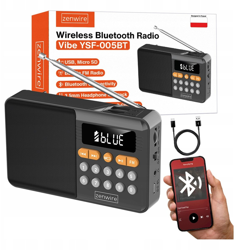 Radio portative Bluetooth Zenwire Vibe YSF-005BT, FM, USB microSD AUX, e zezë