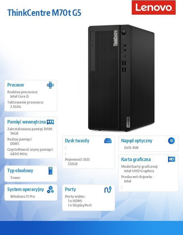 Kompjuter Lenovo ThinkCentre M70t G5 TWR, Intel Core i5-14400, 16GB RAM, 512GB SSD