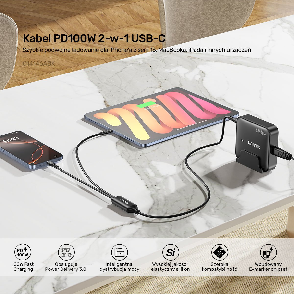 Kabllo USB C Unitek 2in1 PD 100W, silikon, 1.8m, e zezë