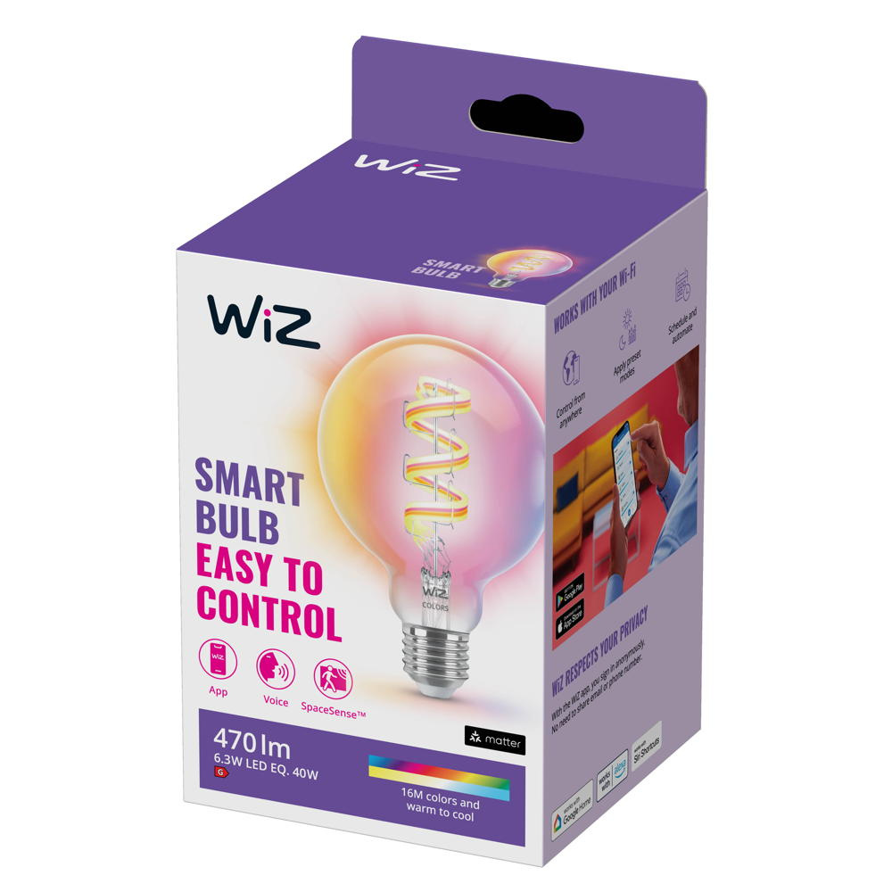 Llambë smart WiZ Filament Globe Clear G95, E27, e tejdukshme