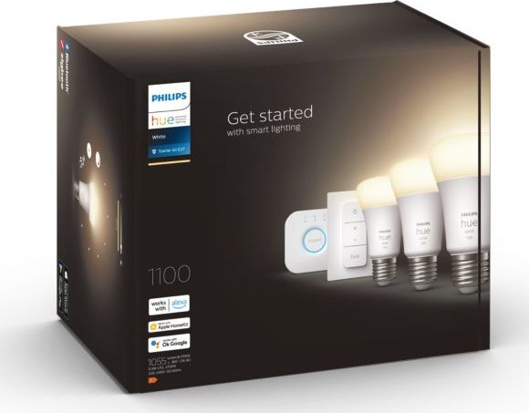 Set ndriçimi inteligjent Philips Hue Starter Kit, Bridge, 3 llamba E27 9.5W, dimmer switch, e bardhë e ngrohtë