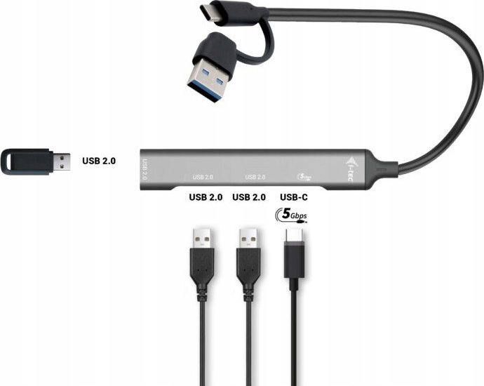 HUB USB I-tec USB-C USB-A Metal, 1x USB 3.0, 3x USB 2.0, gri metalik