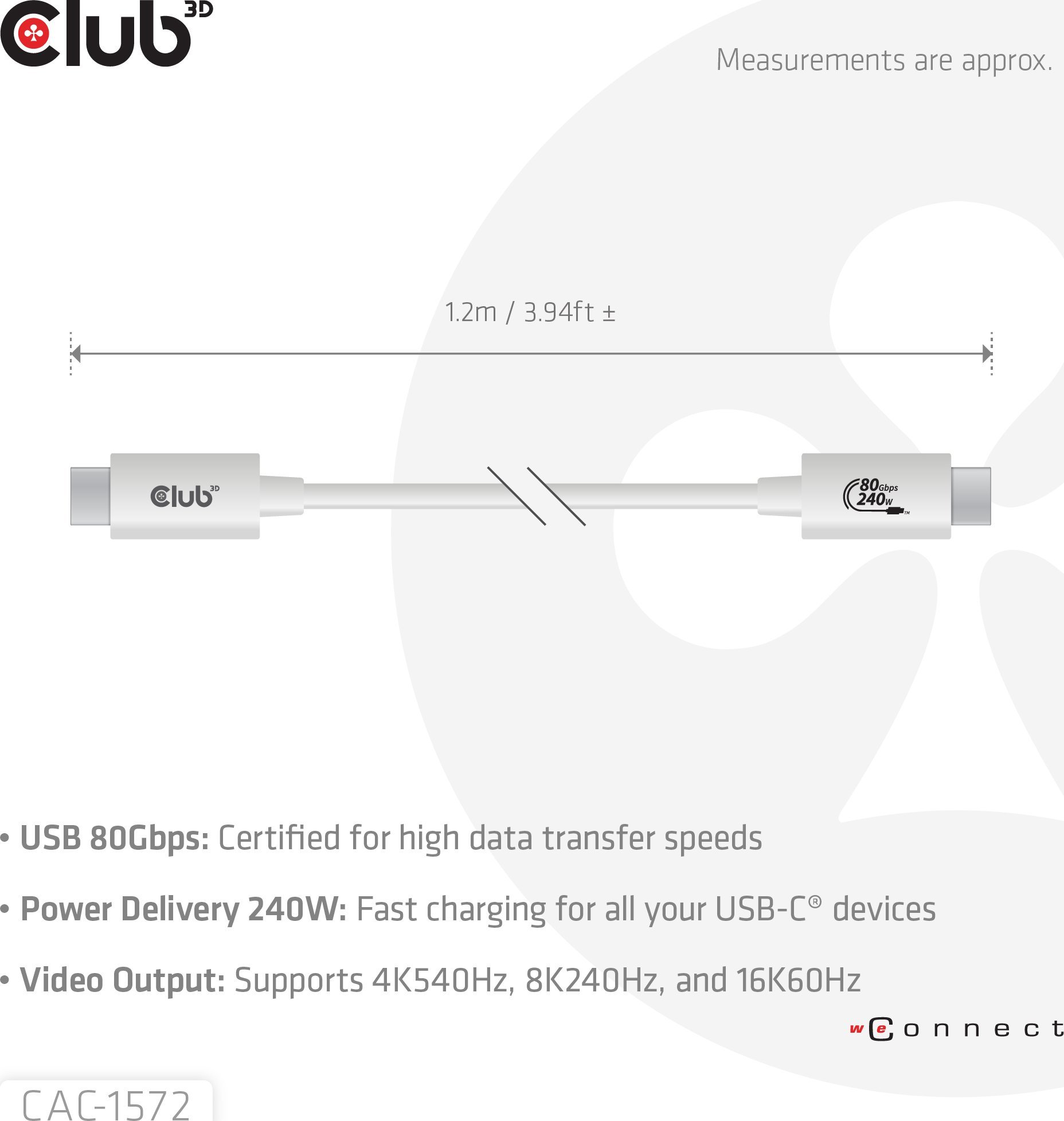 Kabllo USB C Club3D CAC-1588, 1.2m, 80Gbps, 240W, e bardhë