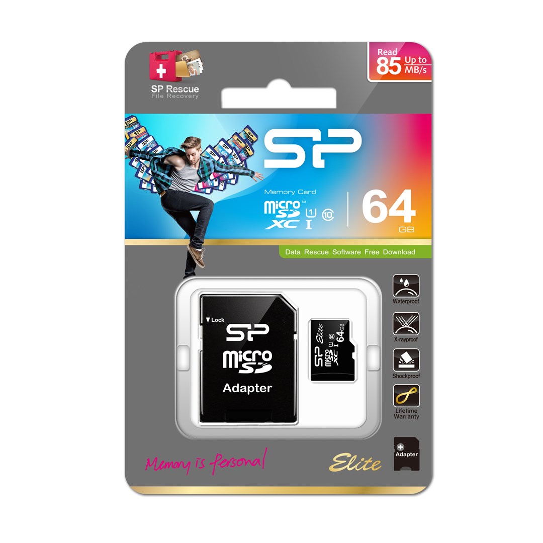 Kartë e memories Silicon Power Elite, MicroSDXC, 64 GB, Class 10 + përshtatës SD