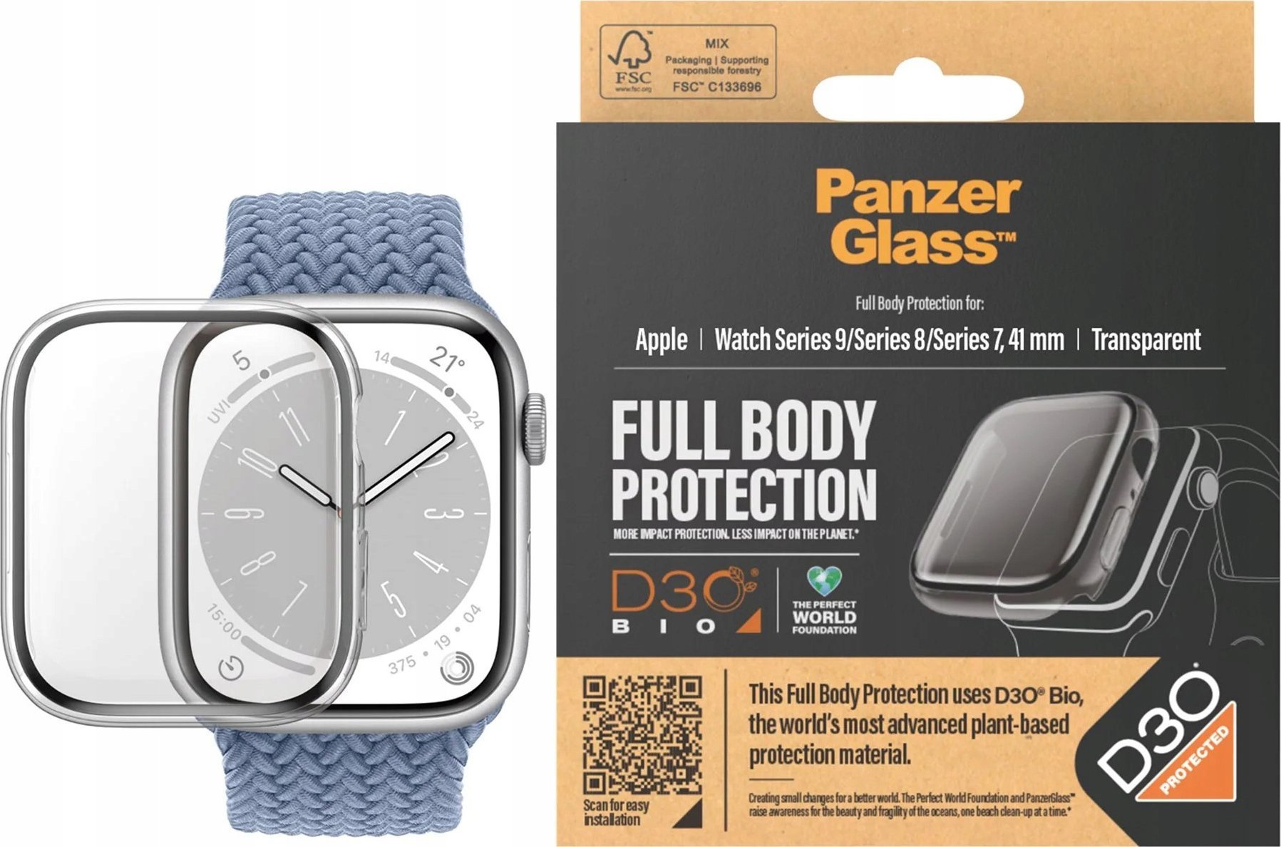Mbrojtëse ekrani PanzerGlass për Apple Watch 41mm, Full Body, transparente