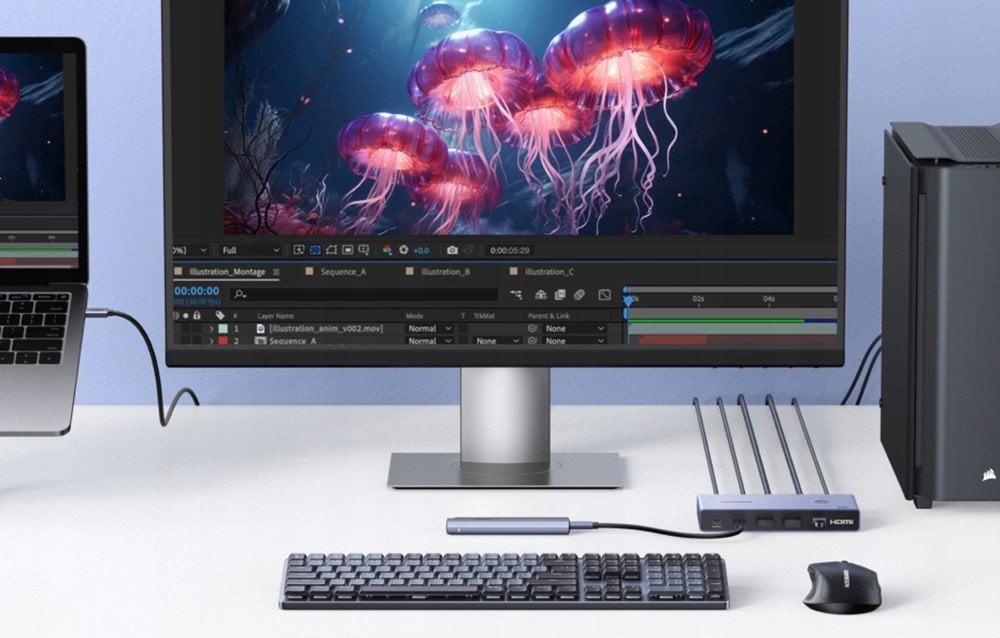Ndërprerës KVM UGREEN USB C HDMI, 1 monitor 2 kompjuterë, 4 porta USB 3.0, 4K 60Hz, alumini gri