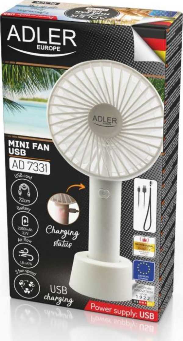 Ventilator freskues USB Adler Mini fan 9cm / 3.5, i bardhë