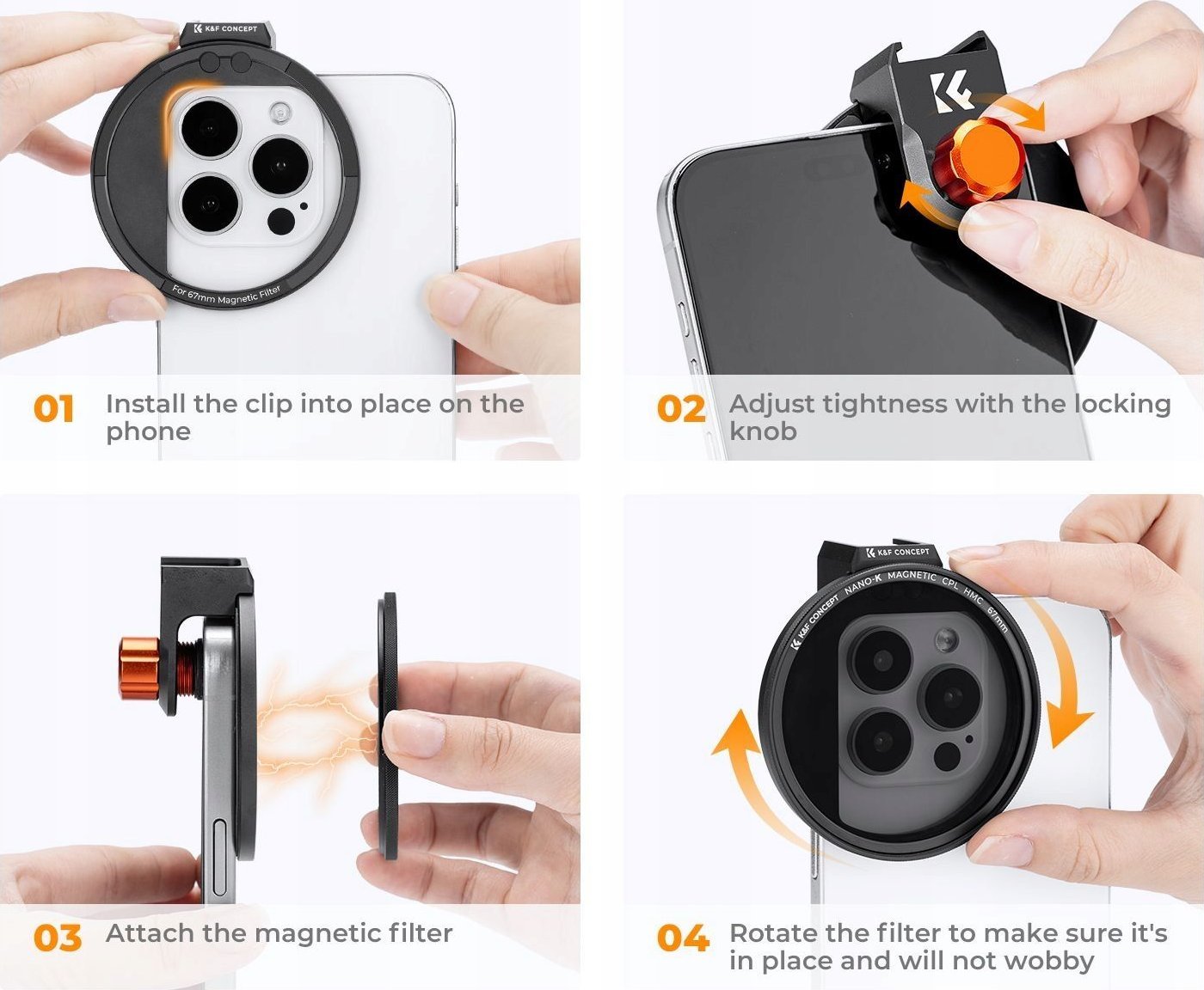 Adapter magnetik për telefon K&amp;F Concept, 67mm, me cold shoe, i zi