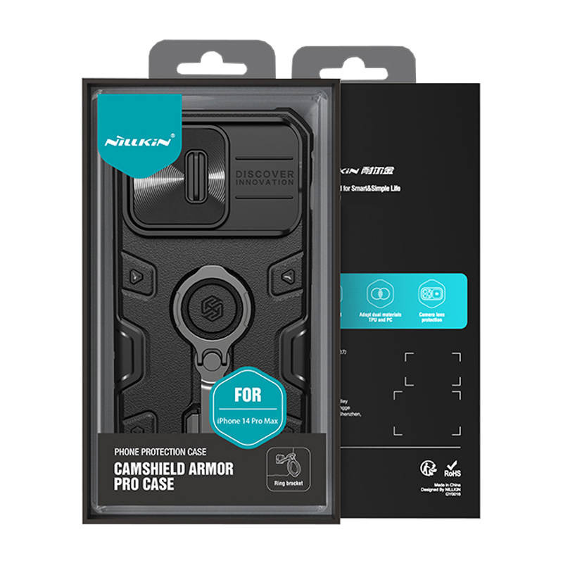 Kuti mbrojtëse Nillkin CamShield Armor Pro për iPhone 14 Pro Max, me unazë 360°, e zezë