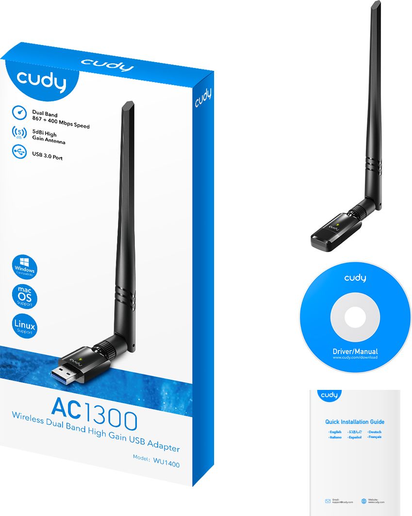 Adapter Wi-Fi USB Cudy WU1400, AC1300, dual band, me antenë të jashtme