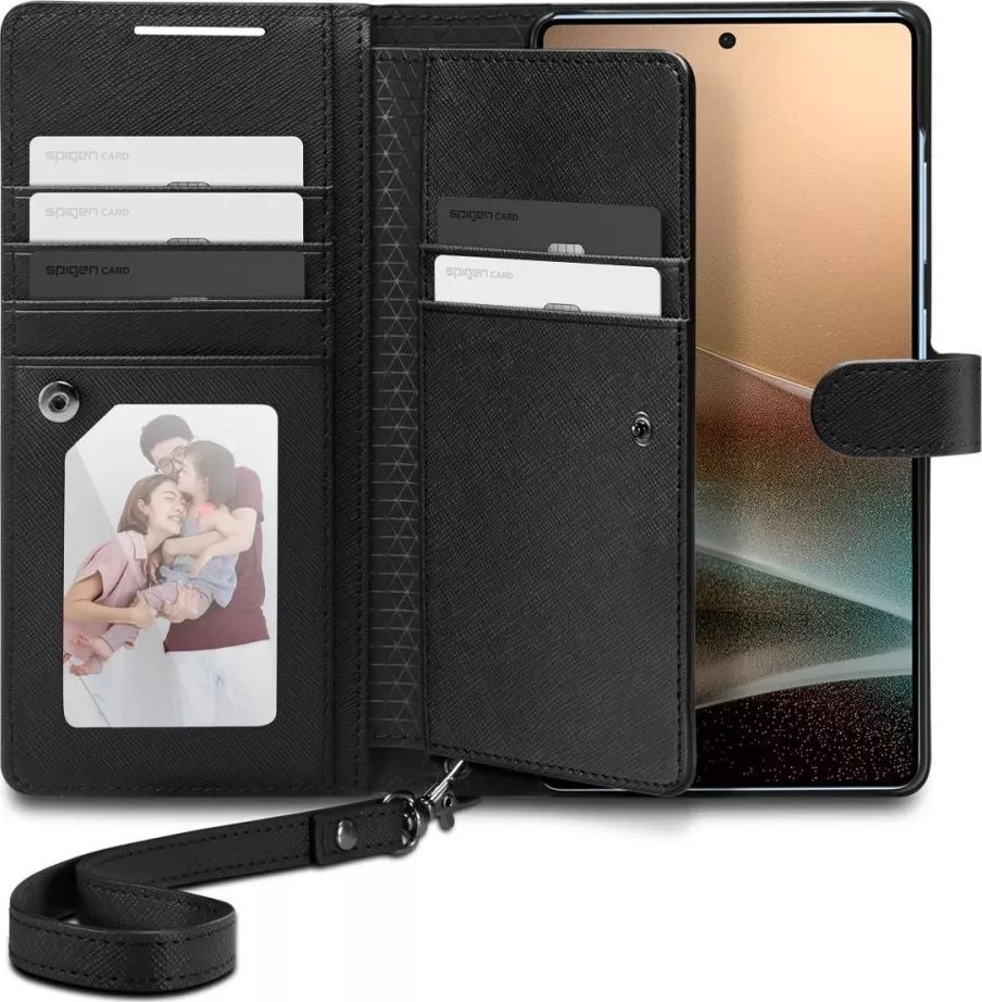 Kapak portofol Spigen Wallet S për Samsung Galaxy S25 Ultra, lëkurë, funksion stand, i zi