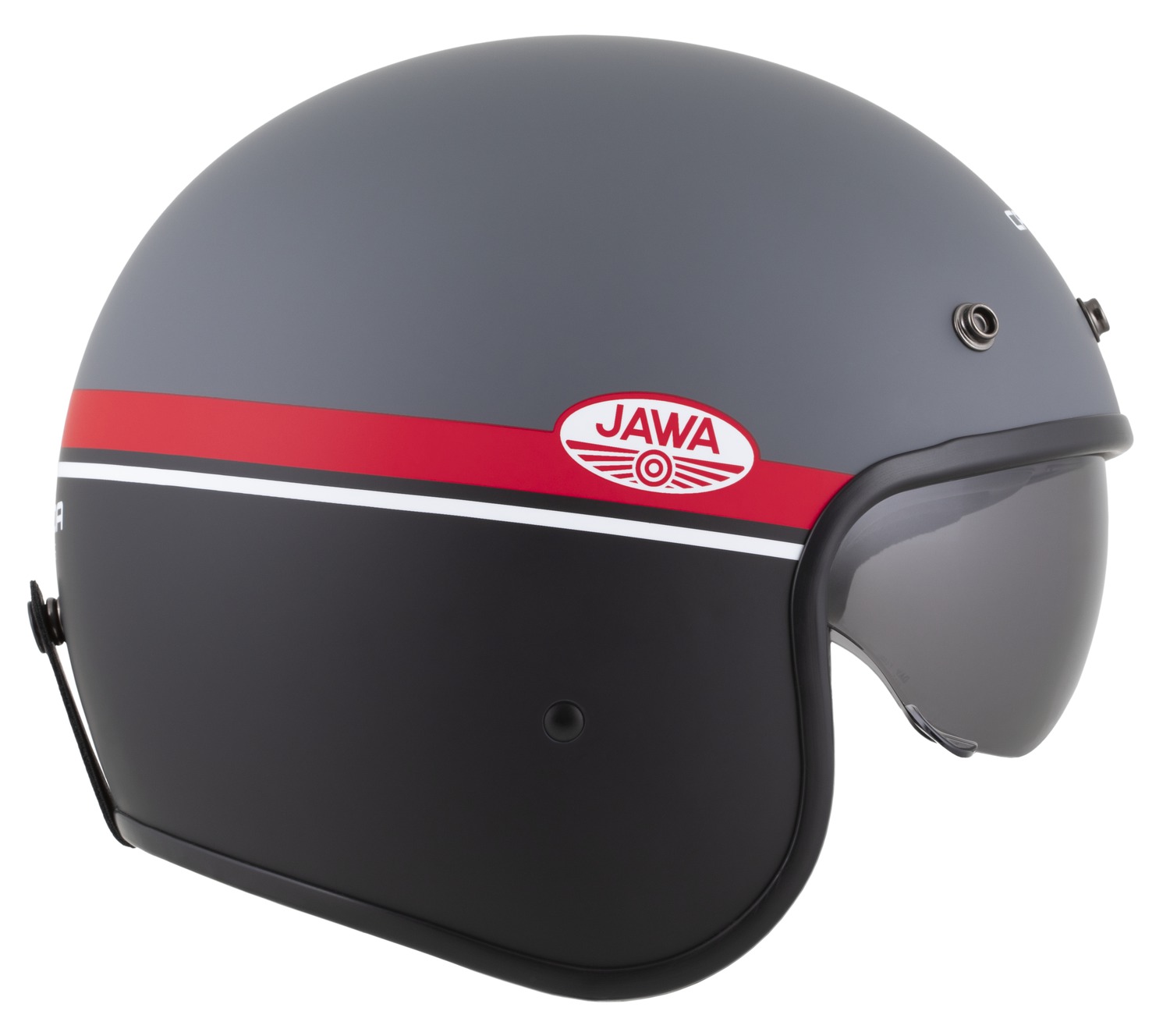 Helmetë moto CASSIDA Oxygen 2.0 Jawa OHC, e hapur, me diell të brendshëm, gri mat e kuqe e zezë e bardhë