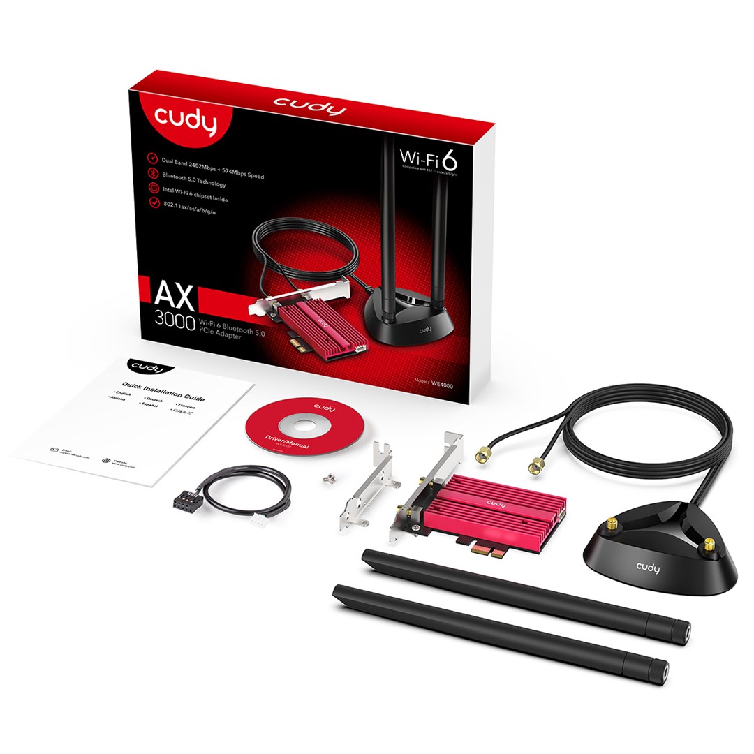Kartë rrjeti WiFi Cudy WE4000, PCIe, AX5400 WiFi 6E, Bluetooth 5.2, e zezë