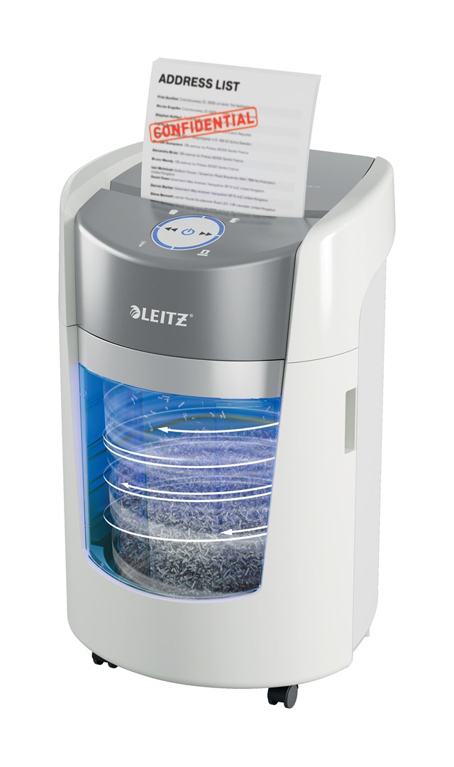 Shkatërrues dokumentesh Leitz IQ Optimax Small, kosh 22L, kapacitet 350 fletë A4, i bardhë gri