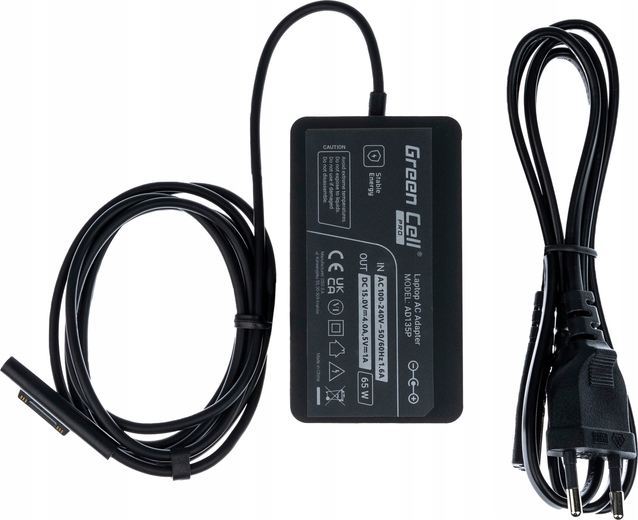 Adapter karikues për laptop Green Cell AD135P, 65W, Surface Plug, i zi