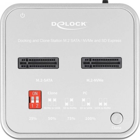Docking station DeLOCK 64138, M.2 SATA NVMe SD Express, USB, argjendi