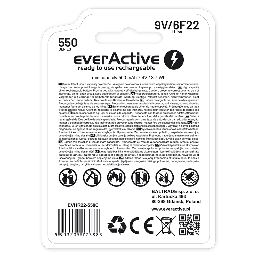 Bateri rikarikuese EverActive 550 Series, 9V 6F22 Li ion, 500mAh, e bardhë
