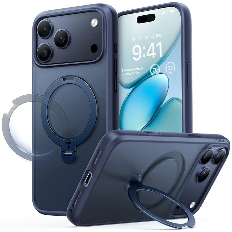 Mbështjellës telefoni Torras Ostand Spin, për iPhone 17 Pro Max, blu
