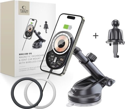Mbajtës makine Tech-Protect Magnetic MM15W-V6, MagSafe, karikues wireless 15W, i zi