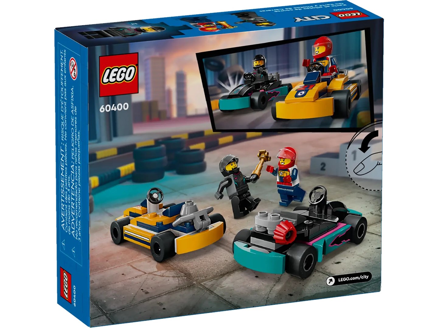 Set lodrash LEGO City Go Karts and Racing Drivers 60400, 99 pjesë, për fëmijë 5+
