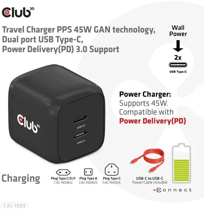 Karikues Club3D, teknologji GAN, 2xUSB-C, PD 3.0, 45W, i zi