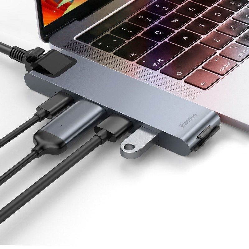 USB Hub Baseus, 7-në-1, për MacBook, HDMI, USB-C, e hirtë