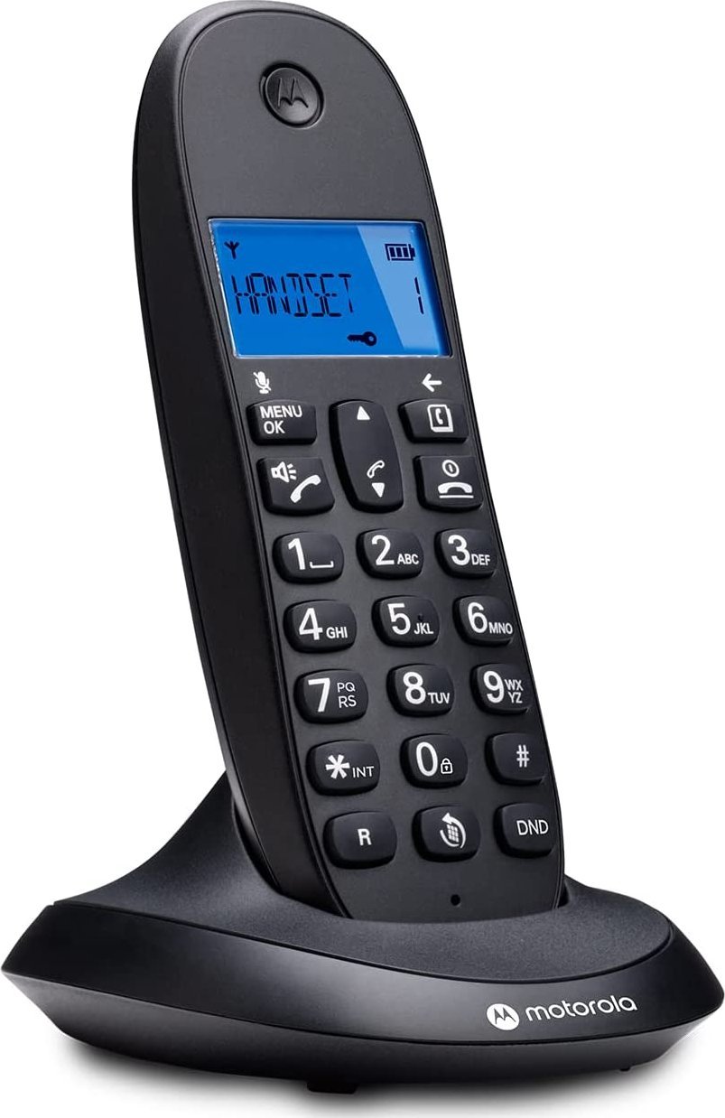 Фиксен безжичен телефон Motorola 107c1001cb+, осветлен екран, тастатура со големи копчиња, црн
