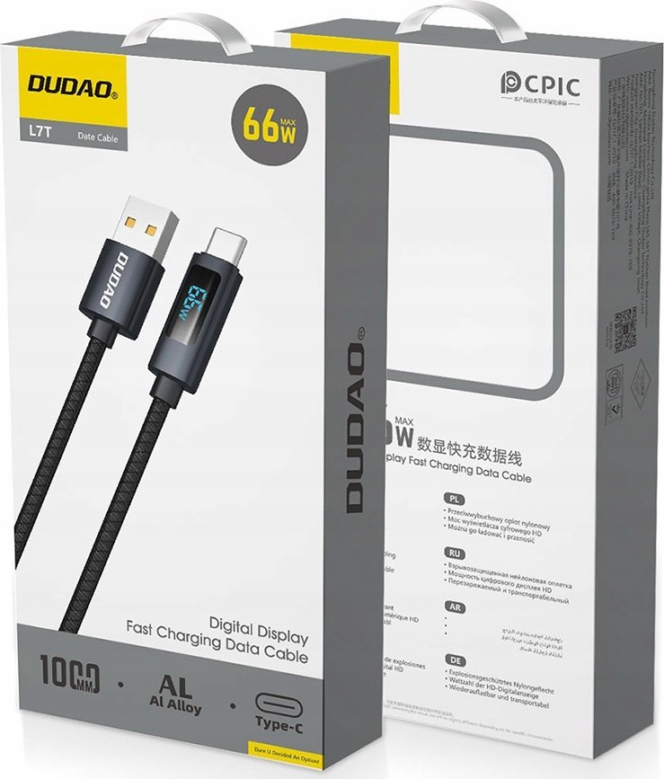 Kабел за полнење Dudao L7T, USB A во USB C, 66W, LED екран, 1 m, црн